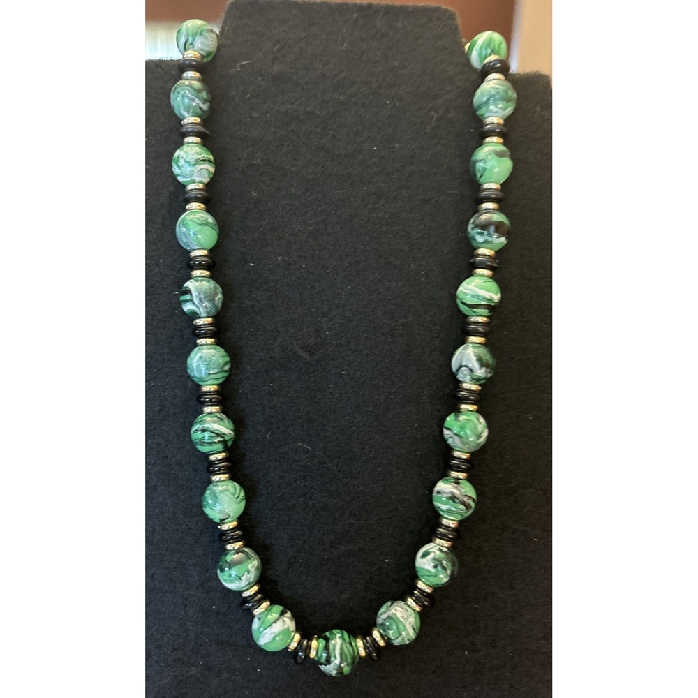 Vintage Green,Black & White Swirl Acrylic Bead Necklace Gold Tone Spacers 26"